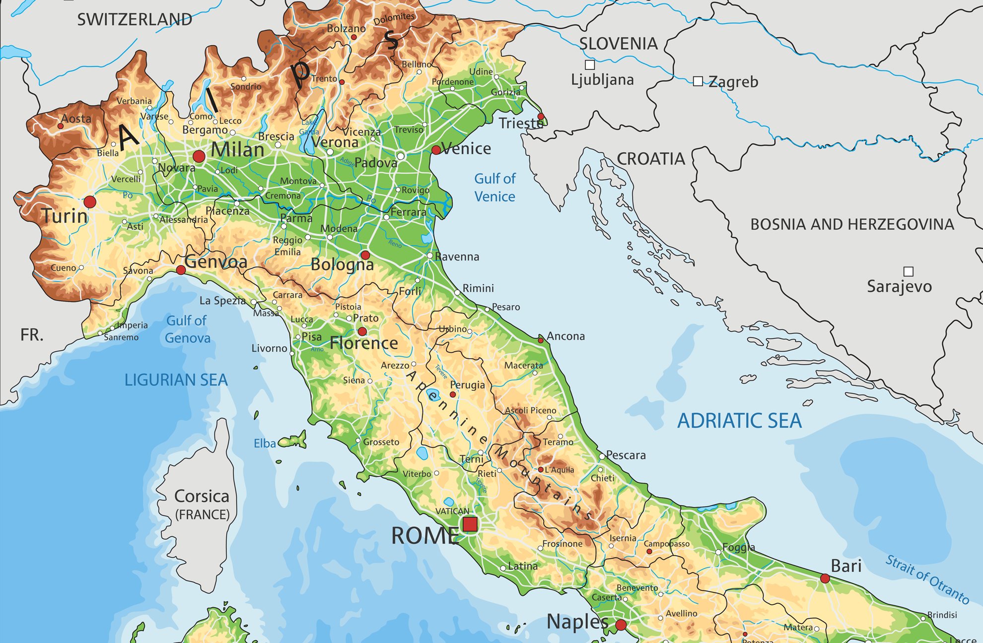 Река на севере италии. Рельеф Италии карта. География Италии карта. Физико географическая карта Италии. Апеннинский полуостров (Италия).