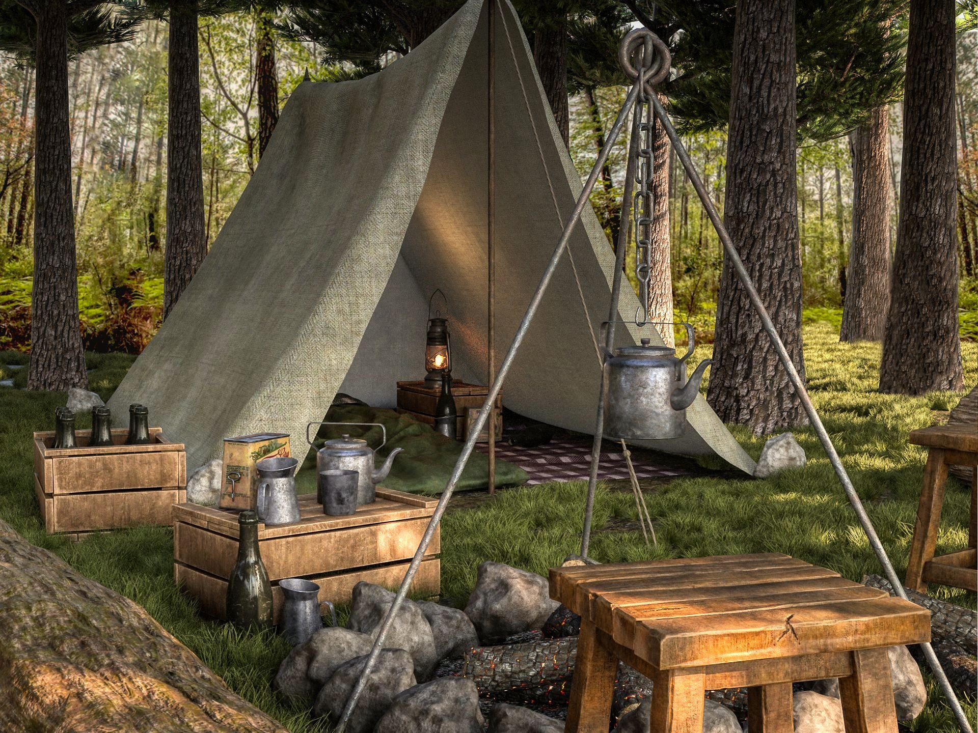 Camping site. Рыцарский шатер. Лагерь палатки в сасновом лесу у реки Кастер снаряжение. Кемпинг городок Северный ветер. Camping 3d.