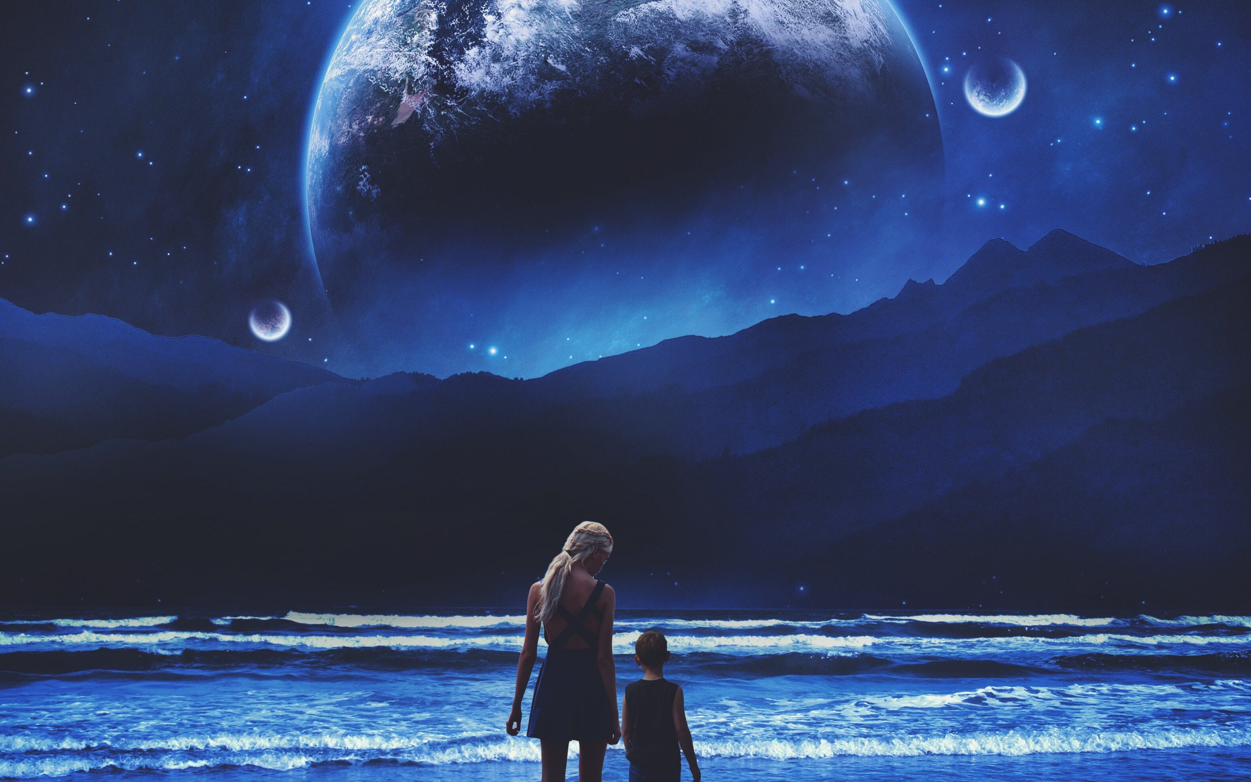 Other the moon. Космос фэнтези. Космический пейзаж. Звездное небо с луной. Фантастическое ночное небо и девушка.